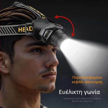 Κεφαλική λάμπα LED από κράμα αλουμινίου, LED φως, μπαταρία 4000mAh, χειροκίνητη τροφοδοσία, εμβέλεια 200–500 μ
