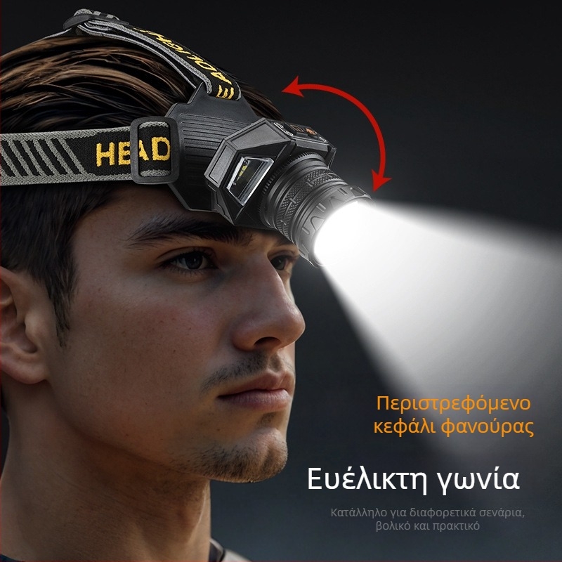 Κεφαλική λάμπα LED από κράμα αλουμινίου, LED φως, μπαταρία 4000mAh, χειροκίνητη τροφοδοσία, εμβέλεια 200–500 μ