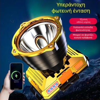 LED φακός κεφαλής (μπαταρία 1500mAh, Ισχύς 30, περιστροφή 360°, εμβέλεια 200–500m, χειροκίνητη φόρτιση)