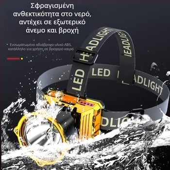 LED φακός κεφαλής (μπαταρία 1500mAh, Ισχύς 30, περιστροφή 360°, εμβέλεια 200–500m, χειροκίνητη φόρτιση)