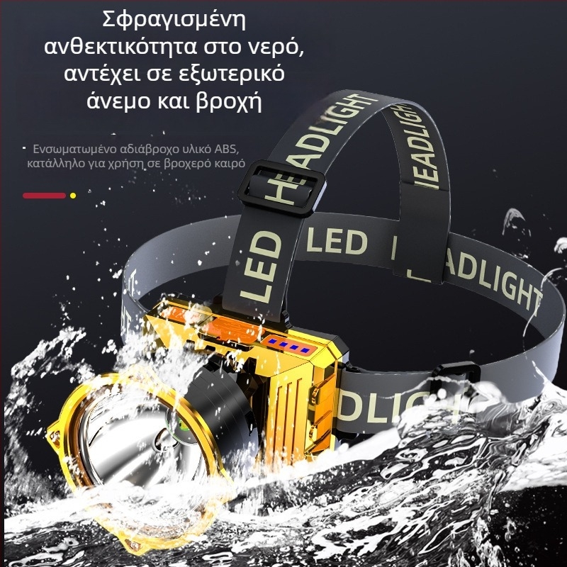 LED φακός κεφαλής (μπαταρία 1500mAh, Ισχύς 30, περιστροφή 360°, εμβέλεια 200–500m, χειροκίνητη φόρτιση)