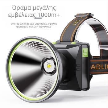 Κεφαλοφακός LED, επαναφορτιζόμενος, σώμα από κράμα αλουμινίου, μπαταρία λιθίου 18650, εμβέλεια έως 500 μ