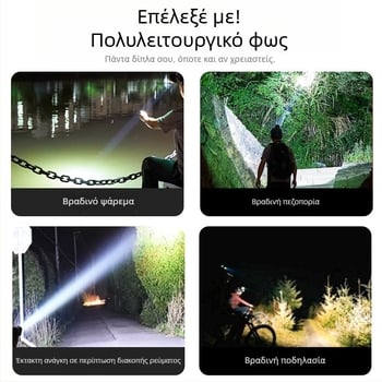 Κεφαλοφακός LED, επαναφορτιζόμενος, σώμα από κράμα αλουμινίου, μπαταρία λιθίου 18650, εμβέλεια έως 500 μ