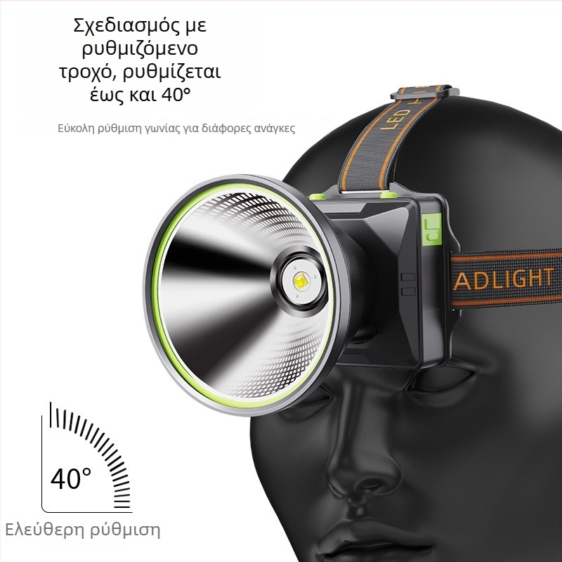 Κεφαλοφακός LED, επαναφορτιζόμενος, σώμα από κράμα αλουμινίου, μπαταρία λιθίου 18650, εμβέλεια έως 500 μ