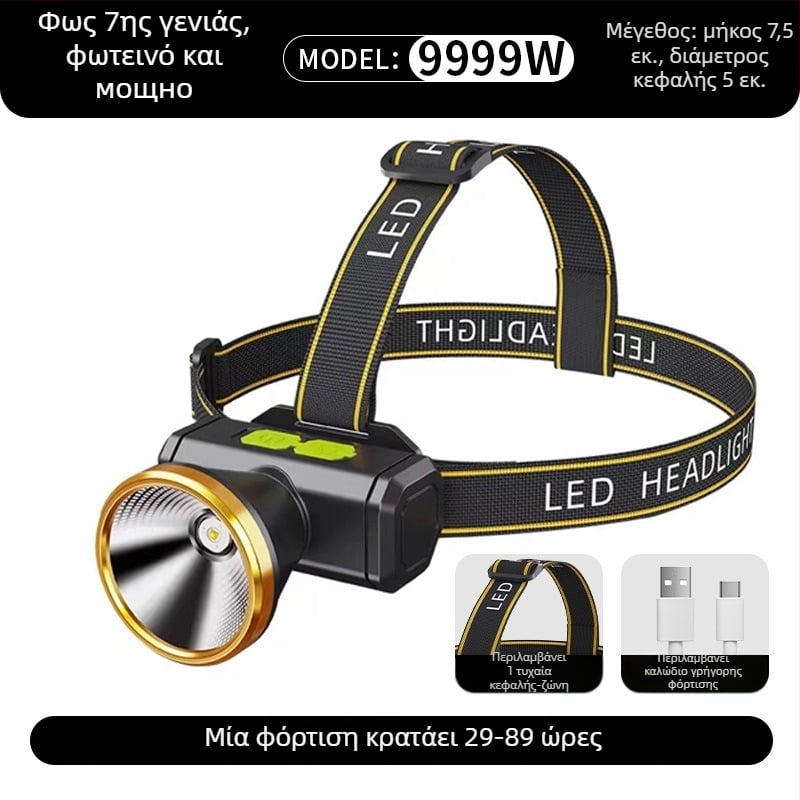 Κεφαλοφακός LED, επαναφορτιζόμενος, σώμα από κράμα αλουμινίου, μπαταρία λιθίου 18650, εμβέλεια έως 500 μ
