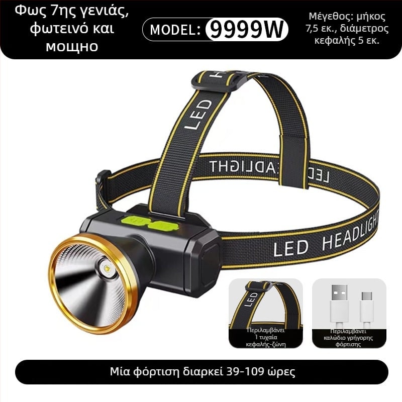 Κεφαλοφακός LED, επαναφορτιζόμενος, σώμα από κράμα αλουμινίου, μπαταρία λιθίου 18650, εμβέλεια έως 500 μ