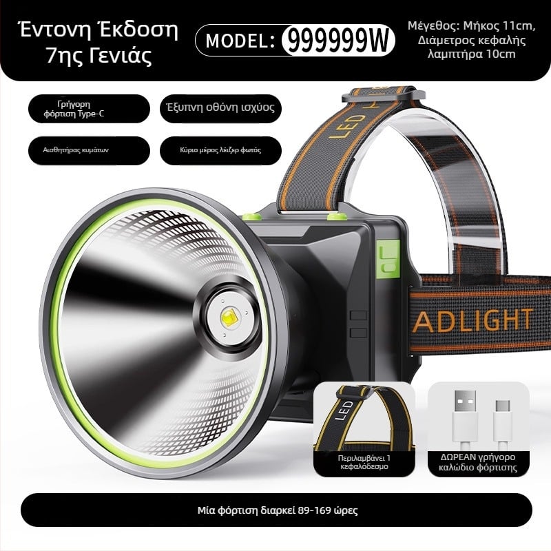 Κεφαλοφακός LED, επαναφορτιζόμενος, σώμα από κράμα αλουμινίου, μπαταρία λιθίου 18650, εμβέλεια έως 500 μ