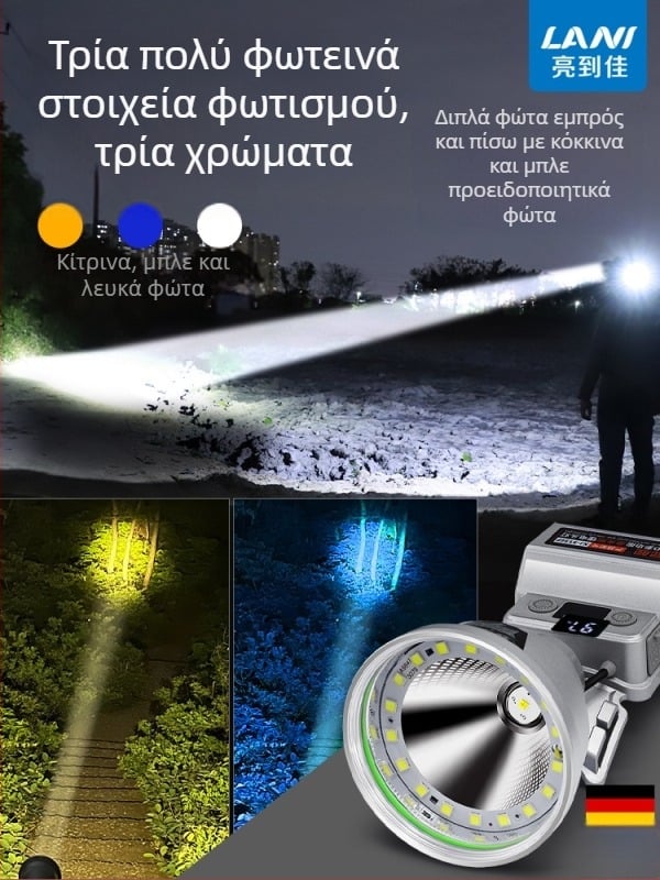 Κεφαλικός φακός LED με επαναφορτιζόμενη μπαταρία λιθίου, αισθητήρας κίνησης, αδιάβροχος, μακρινή δέσμη (>500 m) για εξωτερικό νυχτερινό ψάρεμα