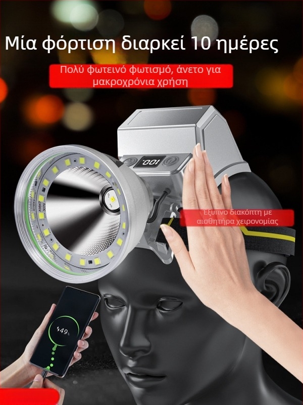 Κεφαλικός φακός LED με επαναφορτιζόμενη μπαταρία λιθίου, αισθητήρας κίνησης, αδιάβροχος, μακρινή δέσμη (>500 m) για εξωτερικό νυχτερινό ψάρεμα