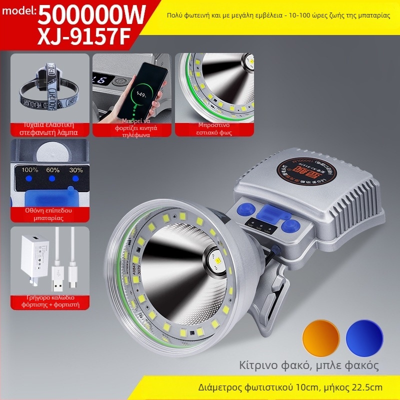 Κεφαλικός φακός LED με επαναφορτιζόμενη μπαταρία λιθίου, αισθητήρας κίνησης, αδιάβροχος, μακρινή δέσμη (>500 m) για εξωτερικό νυχτερινό ψάρεμα