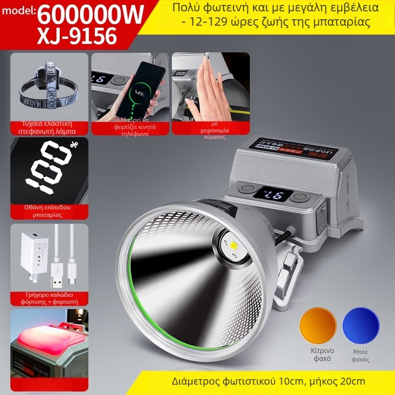 Κεφαλικός φακός LED με επαναφορτιζόμενη μπαταρία λιθίου, αισθητήρας κίνησης, αδιάβροχος, μακρινή δέσμη (>500 m) για εξωτερικό νυχτερινό ψάρεμα