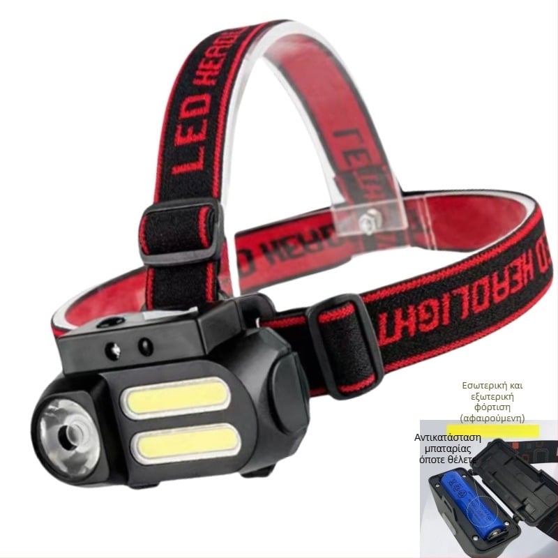 Κεφαλόφως USB επαναφορτιζόμενος με φωτισμό LED+COB, 5W, μπαταρία 1200 mAh, αδιάβροχο, κατάλληλος για υπαίθριες δραστηριότητες
