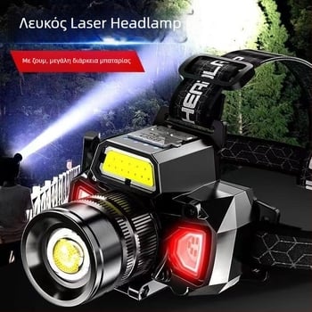 LED κεφαλόφως με ζουμ, αισθητήρα ενεργοποίησης, επαναφορτιζόμενη μπαταρία 3000 mAh, λέιζερ φως, 360° περιστροφή