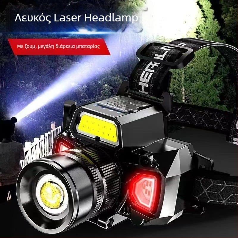 LED κεφαλόφως με ζουμ, αισθητήρα ενεργοποίησης, επαναφορτιζόμενη μπαταρία 3000 mAh, λέιζερ φως, 360° περιστροφή