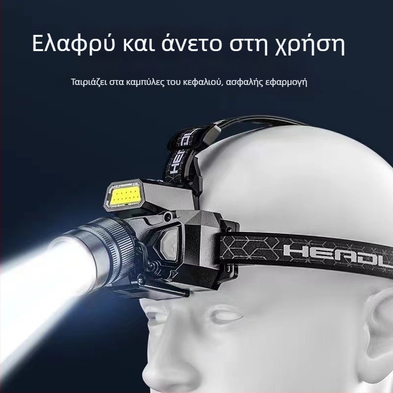 LED κεφαλόφως με ζουμ, αισθητήρα ενεργοποίησης, επαναφορτιζόμενη μπαταρία 3000 mAh, λέιζερ φως, 360° περιστροφή