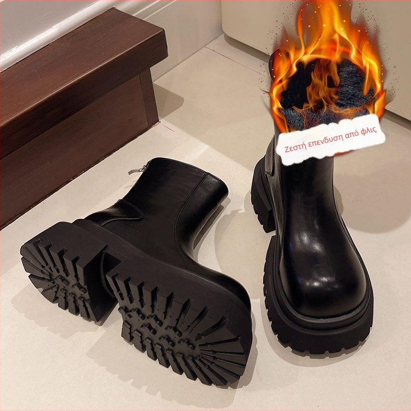 Γυναικείες μποτάκια Martin με στρογγυλή μύτη, φλίς επένδυση, παχιά σόλα, πίσω φερμουάρ