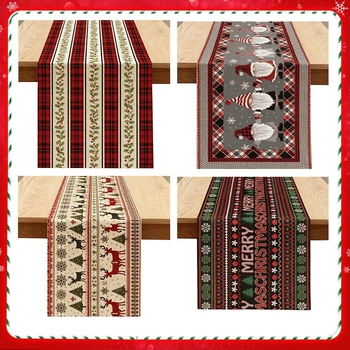 Λινή τραπεζοκαλυπτή με χριστουγεννιάτικο μοτίβο ελαφιού και Αγίου Βασίλη, 99% λινό, προσαρμοστικό, για σαλόνι