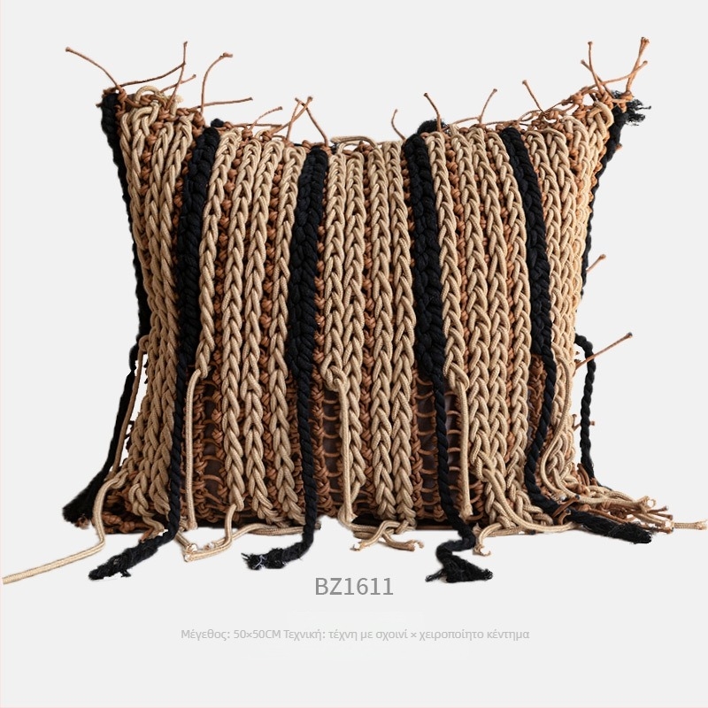 Μαξιλάρι με κάλυμμα πολυεστέρα, χειροποίητο πλέξιμο με σχοινί, μονόχρωμο σχέδιο, στυλ Βάμπι-σαμπι, γέμισμα από φτερά