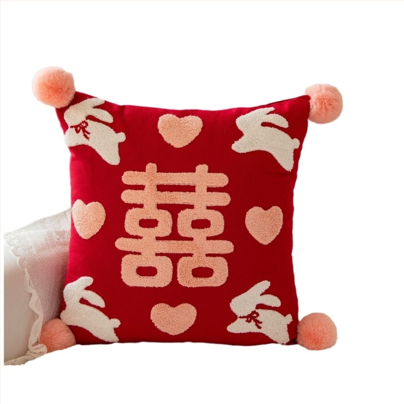 Μαξιλαροθήκη – Νέος κινέζικος στυλ, βαμβακερός καμβάς, προσαρμόσιμη, κεντημένη με φούντες, εκτύπωση, ράψιμο, μοτίβο γιορτής