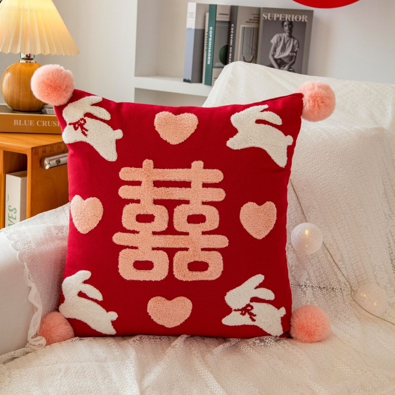 Μαξιλαροθήκη – Νέος κινέζικος στυλ, βαμβακερός καμβάς, προσαρμόσιμη, κεντημένη με φούντες, εκτύπωση, ράψιμο, μοτίβο γιορτής