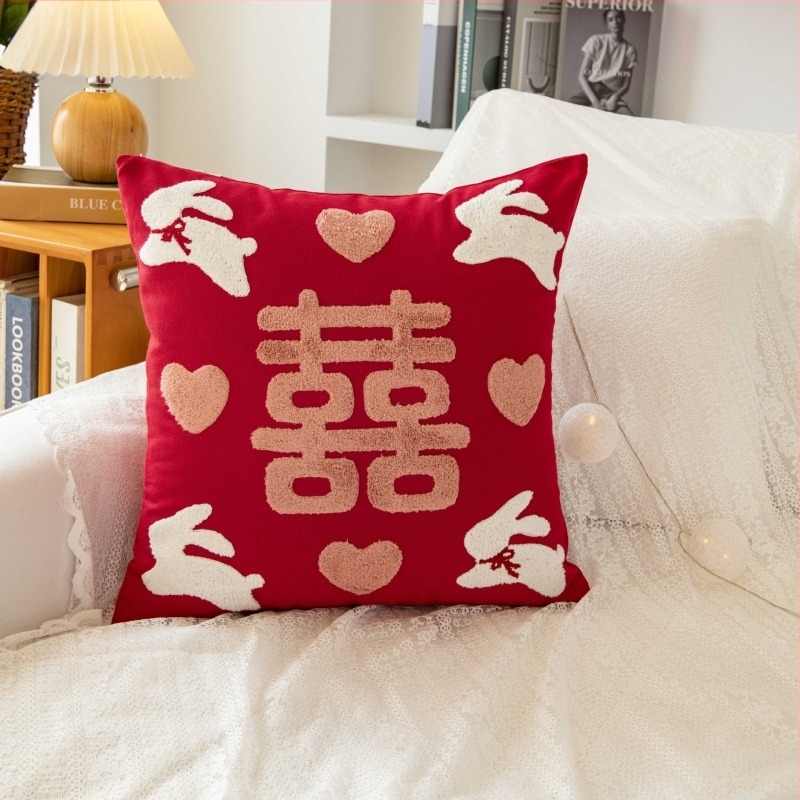 Μαξιλαροθήκη – Νέος κινέζικος στυλ, βαμβακερός καμβάς, προσαρμόσιμη, κεντημένη με φούντες, εκτύπωση, ράψιμο, μοτίβο γιορτής