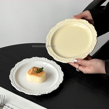 Barx ρετρό κυκλικό κεραμικό πιάτο σερβιρίσματος για γλυκίσματα, ανάγλυφο μοτίβο με ρίγες, ασφαλές για μικροκύματα, δυνατότητα λογότυπου