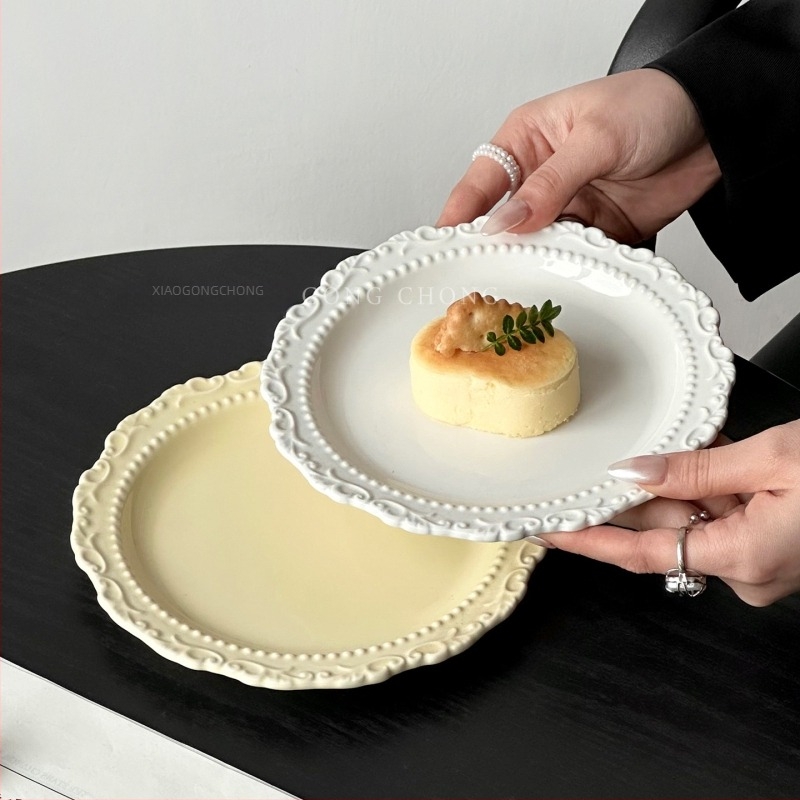 Barx ρετρό κυκλικό κεραμικό πιάτο σερβιρίσματος για γλυκίσματα, ανάγλυφο μοτίβο με ρίγες, ασφαλές για μικροκύματα, δυνατότητα λογότυπου