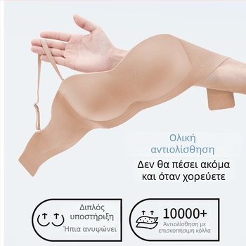 Αόρατο χωρίς ραφές σουτιέν με αντιολισθητικό σχεδιασμό, χωρίς πλάτη, ένα κομμάτι, αποσπώμενοι διπλοί ιμάντες, πλήρεις κάψες, λεπτός μορφοποιημένος σχεδιασμός, νάιλον με επένδυση σπαντέξ
