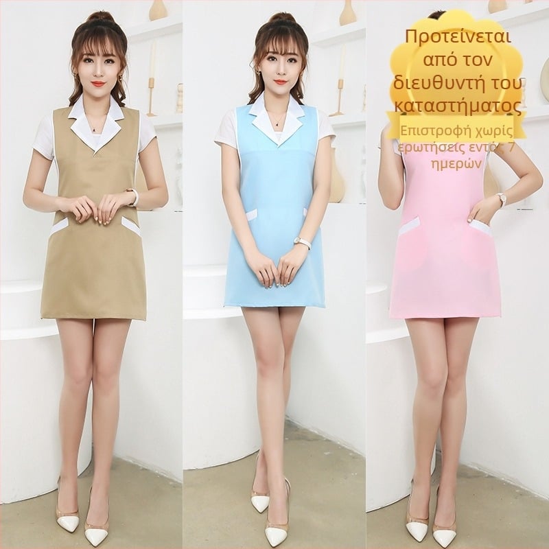 Ενδυμασία εργασίας με ποδιά για κέντρα ομορφιάς και εξυπηρέτηση — γυναικείο μοντέλο; ανθεκτικό σε λίπη και απολύμανση; ύφασμα: βισκόζη με χονδρή ίνα; κύριο 30%, δευτερεύον 25%; κατάλληλο για ιατρικά ρούχα/λευκό ράσο; για όλες τις εποχές