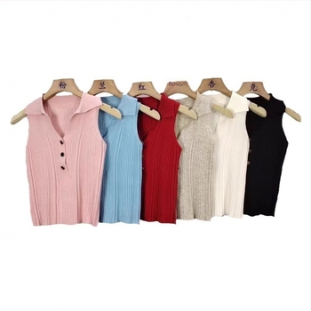 Τοπ χωρίς μανίκια με γιακά, κορεακού στυλ, στενή γραμμή, κοντό μήκος 40–50 cm, 3D μοτίβο, βελούδινο πλεκτό ύφασμα με ελαστάν 50–70% και πολυεστέρα 30–50%