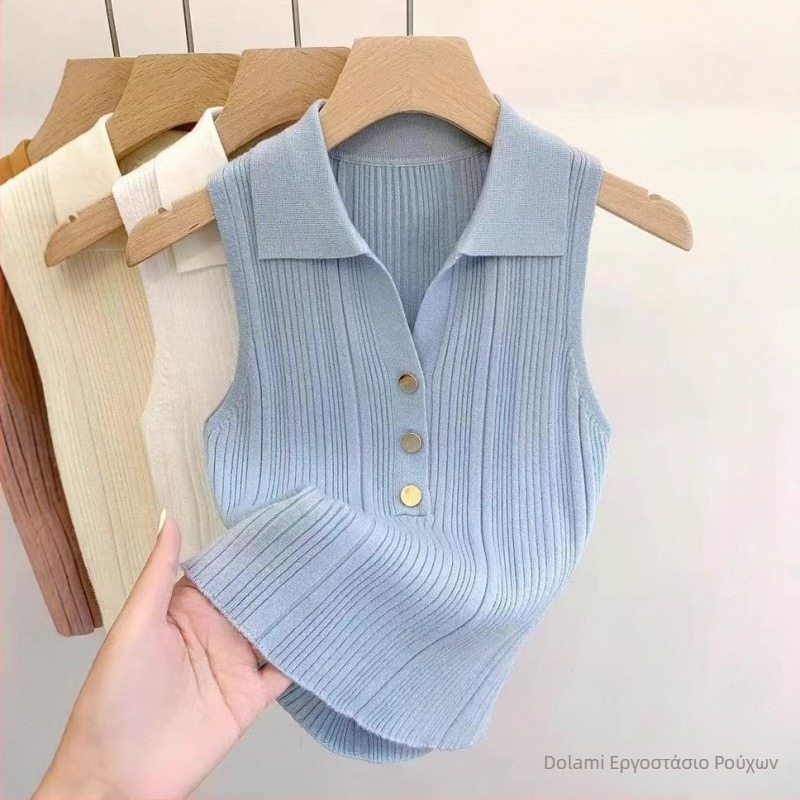 Τοπ χωρίς μανίκια με γιακά, κορεακού στυλ, στενή γραμμή, κοντό μήκος 40–50 cm, 3D μοτίβο, βελούδινο πλεκτό ύφασμα με ελαστάν 50–70% και πολυεστέρα 30–50%