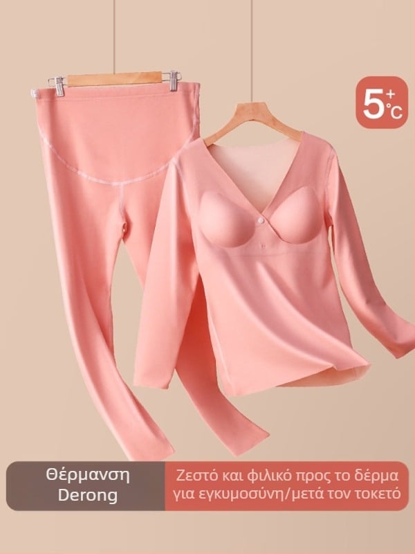 Θερμικό εσώρουχο για έγκυες με επένδυση φλίς και άνοιγμα θηλάσμου, μακρυμάνικη μπλούζα και παντελόνια, πολυεστέρας 90–95%
