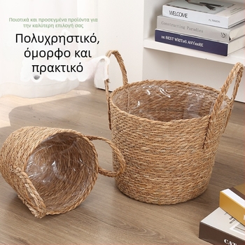 Πλεκτή γλάστρα από bulrush, μοντέρνο σχέδιο για φυτά, ύφανση με ημιχειροποίητο και ημιμηχανικό τρόπο, διακοσμητική εμφάνιση