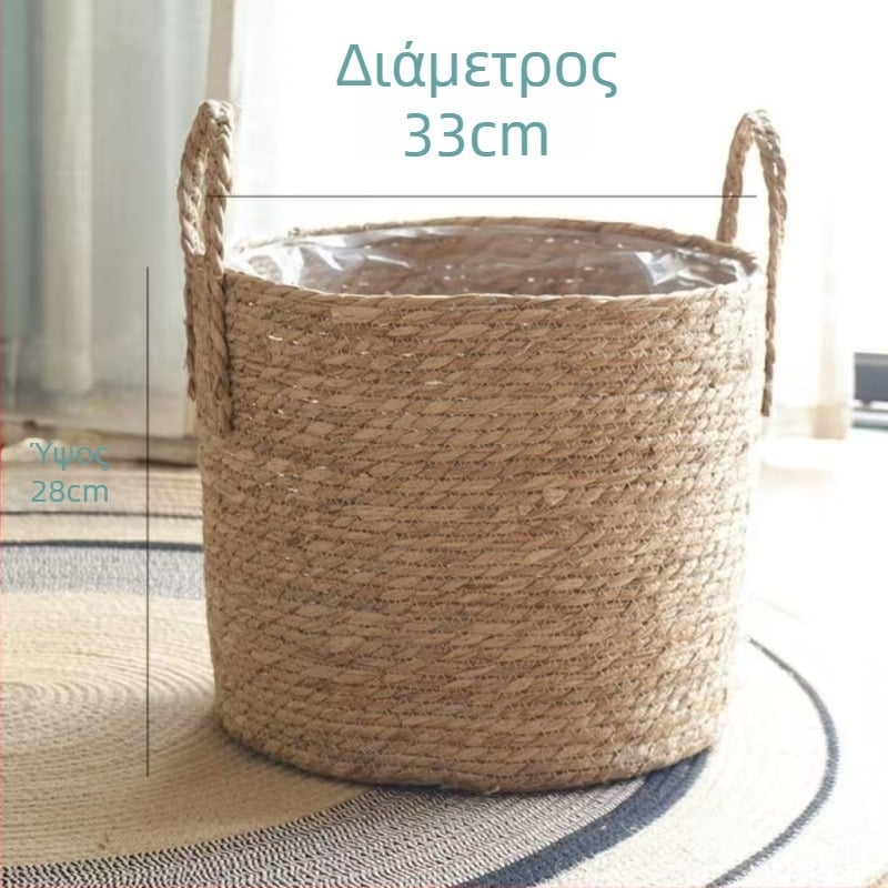 Πλεκτή γλάστρα από bulrush, μοντέρνο σχέδιο για φυτά, ύφανση με ημιχειροποίητο και ημιμηχανικό τρόπο, διακοσμητική εμφάνιση