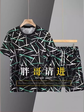 Ανδρικό σετ Ice Silk: T‑Shirt με κοντό μανίκι + σορτς πέντε τετάρτου μήκους, χαλαρή γραμμή (Καλοκαίρι 2024, ίνες ακέτα, Ice silk beads, Μάρκα Yudu jiajun)