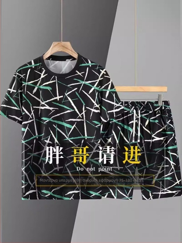 Ανδρικό σετ Ice Silk: T‑Shirt με κοντό μανίκι + σορτς πέντε τετάρτου μήκους, χαλαρή γραμμή (Καλοκαίρι 2024, ίνες ακέτα, Ice silk beads, Μάρκα Yudu jiajun)