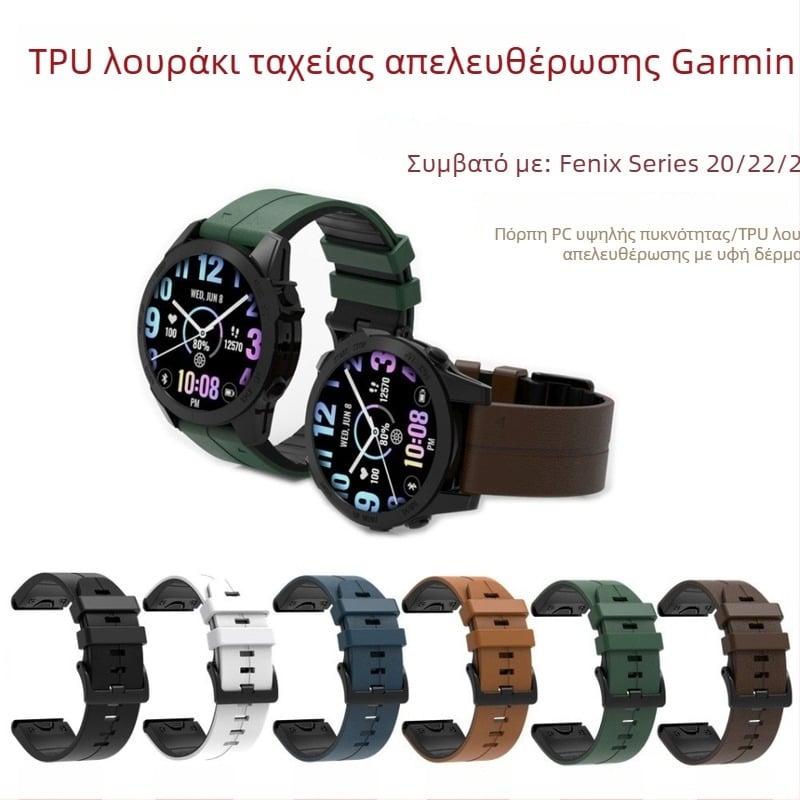 Δερμάτινος ιμάντας με γρήγορη αποδέσμευση για Garmin Fenix 5–8, Epix Pro και Tactix 7