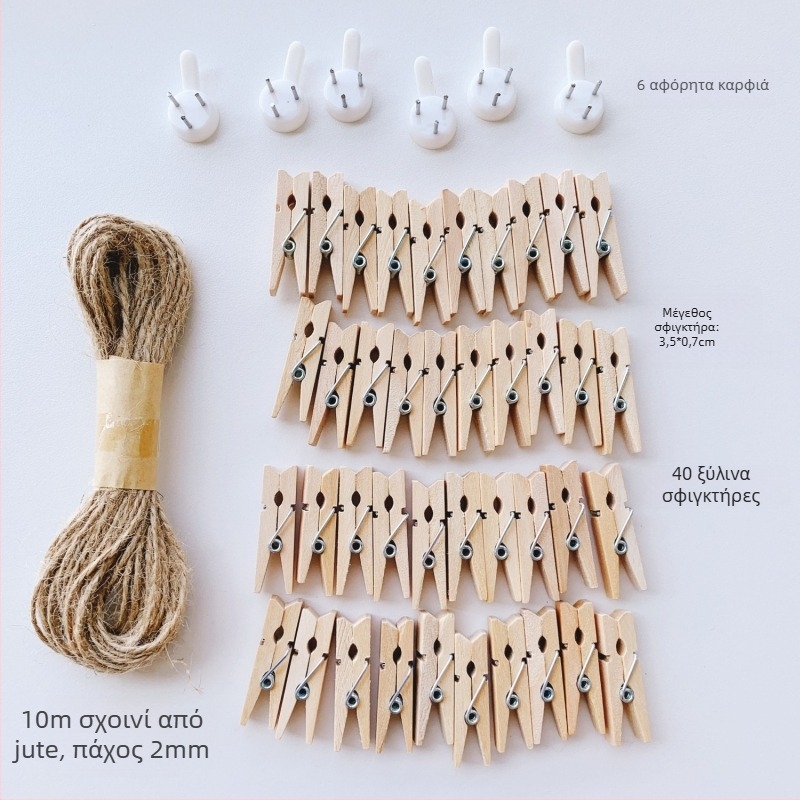 Ξύλινο κλιπ φωτογραφιών με σχοινί από κάνναβη για διακόσμηση τοίχου – ιδανικό για φωτογραφίες σε δωμάτιο ή τάξη. Μάρκα: Other; Υλικό: Ξύλο; Τύπος προϊόντος: Hand ledger.