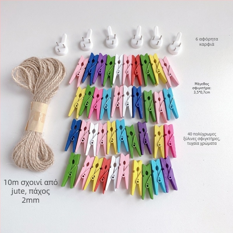 Ξύλινο κλιπ φωτογραφιών με σχοινί από κάνναβη για διακόσμηση τοίχου – ιδανικό για φωτογραφίες σε δωμάτιο ή τάξη. Μάρκα: Other; Υλικό: Ξύλο; Τύπος προϊόντος: Hand ledger.