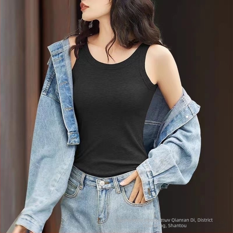 Γυναικείο camisole με ενσωματωμένη επένδυση για το στήθος, βαμβακερό ύφασμα με νήματα, στρογγυλό λαιμό, για όλες τις εποχές, μεσαίο πάχος υφάσματος 141-160 g/m2