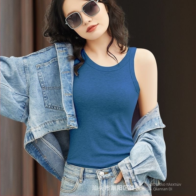 Γυναικείο camisole με ενσωματωμένη επένδυση για το στήθος, βαμβακερό ύφασμα με νήματα, στρογγυλό λαιμό, για όλες τις εποχές, μεσαίο πάχος υφάσματος 141-160 g/m2