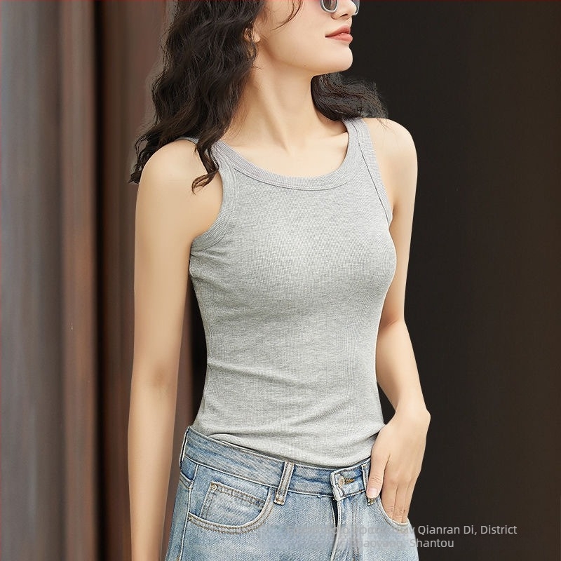 Γυναικείο camisole με ενσωματωμένη επένδυση για το στήθος, βαμβακερό ύφασμα με νήματα, στρογγυλό λαιμό, για όλες τις εποχές, μεσαίο πάχος υφάσματος 141-160 g/m2