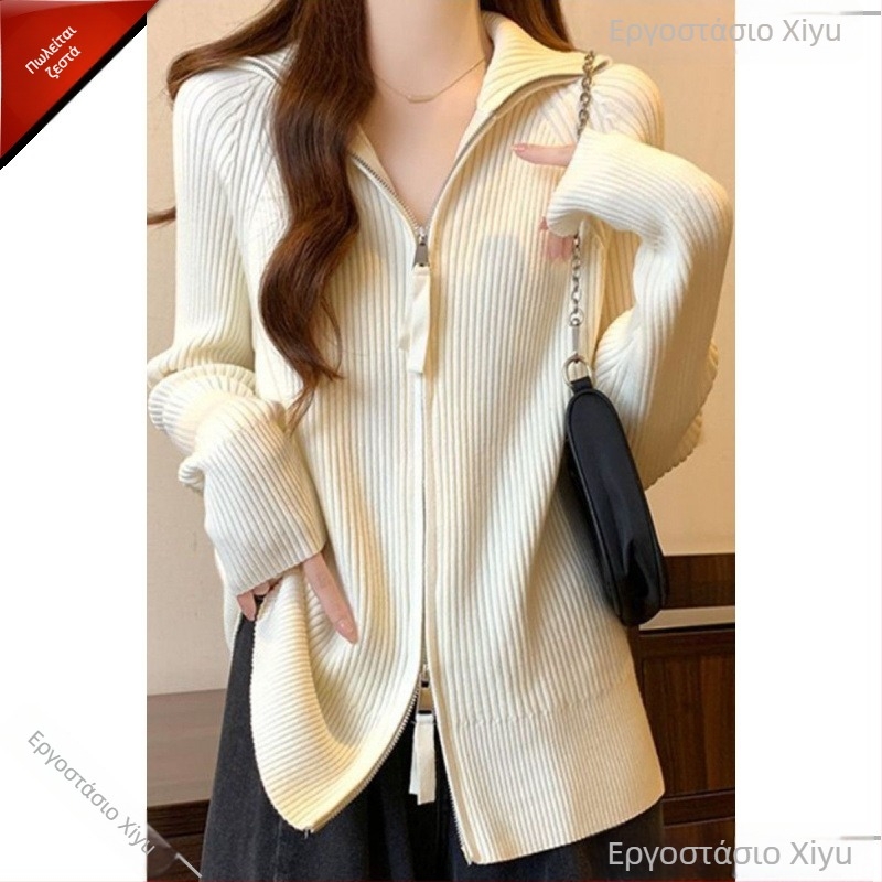 Γυναικείο cardigan από Chenille με φερμουάρ, υψηλός λαιμός, μανίκια σε στυλ πριγκίπισσας, μεσαίου μήκους – Άνοιξη 2025