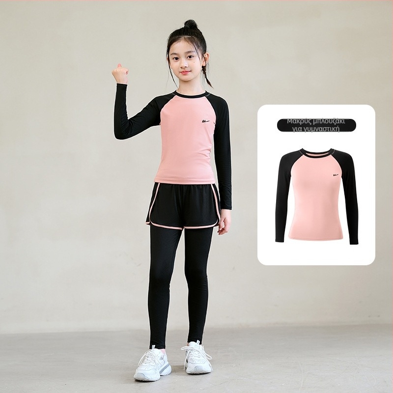 Κοριτσίστικο εφαρμοστό σετ γρήγορου στεγνώματος για τρέξιμο και γυμναστήριο — πολυεστέρας/ελαστάν 95/5, επένδυση πολυεστέρα-ελαστάν 5%, μονόχρωμο σχέδιο, κατάλληλο για χειμώνα-άνοιξη-φθινόπωρο