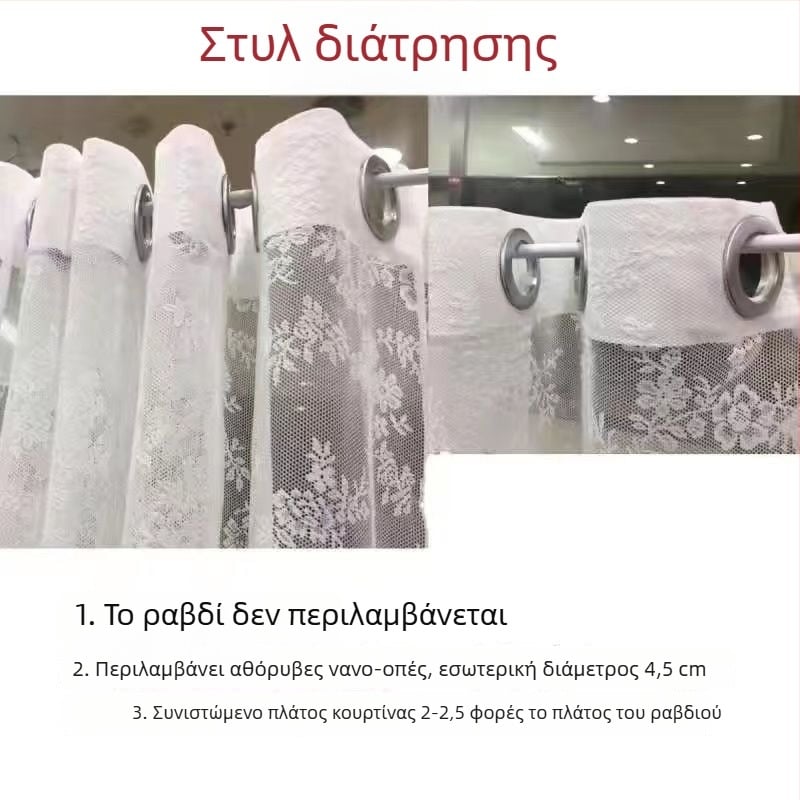 Κουρτίνα διαφανούς δαντέλας σε γαλλικό αγροτικό στυλ για την κουζίνα, λευκή, Velcro κούμπωμα, χωρίς διάτρηση