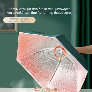 Θερμομονωτικό κάλυμμα πιάτων οικιακής χρήσης (Μάρκα Caberry; Υλικά: Oxford ύφασμα + μονωτικό βαμβάκι + αλουμινόχαρτο; Λειτουργίες: Μόνωση, Προστασία από σκόνη)