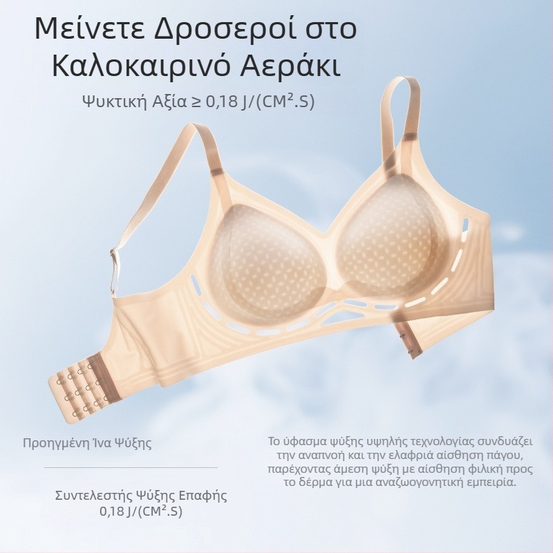 Θερινό σουτιέν χωρίς ραφές, διαπνέον νάιλον με επένδυση από σπαντέξ, καλύμματα 3/4, πίσω κλείσιμο με τρεις σειρές γάντζων, μη διαφανές, πλευρική διαμόρφωση