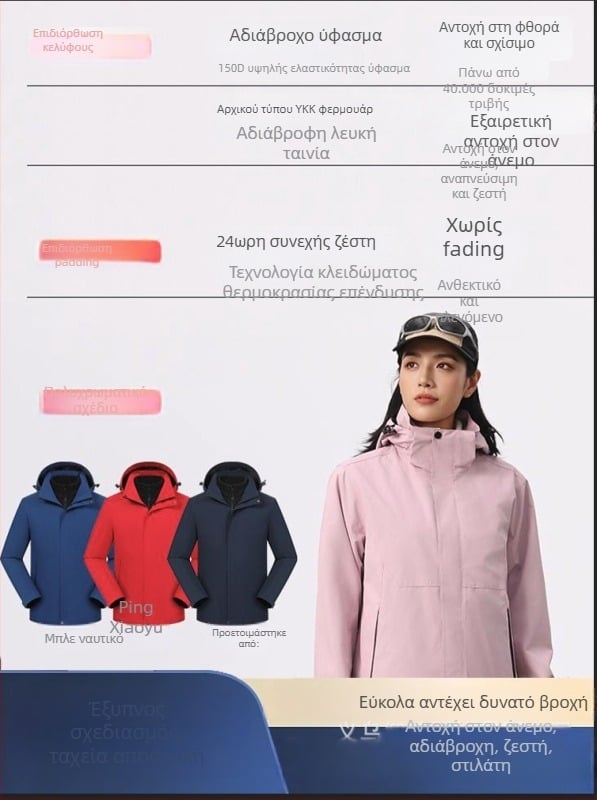 Μπουφάν τριών σε ένα με αποσπώμενη κουκούλα και εκτύπωση λογότυπου, πολυεστερικό ύφασμα, ψηλός γιακά, φερμουάρ, χαλαρή γραμμή