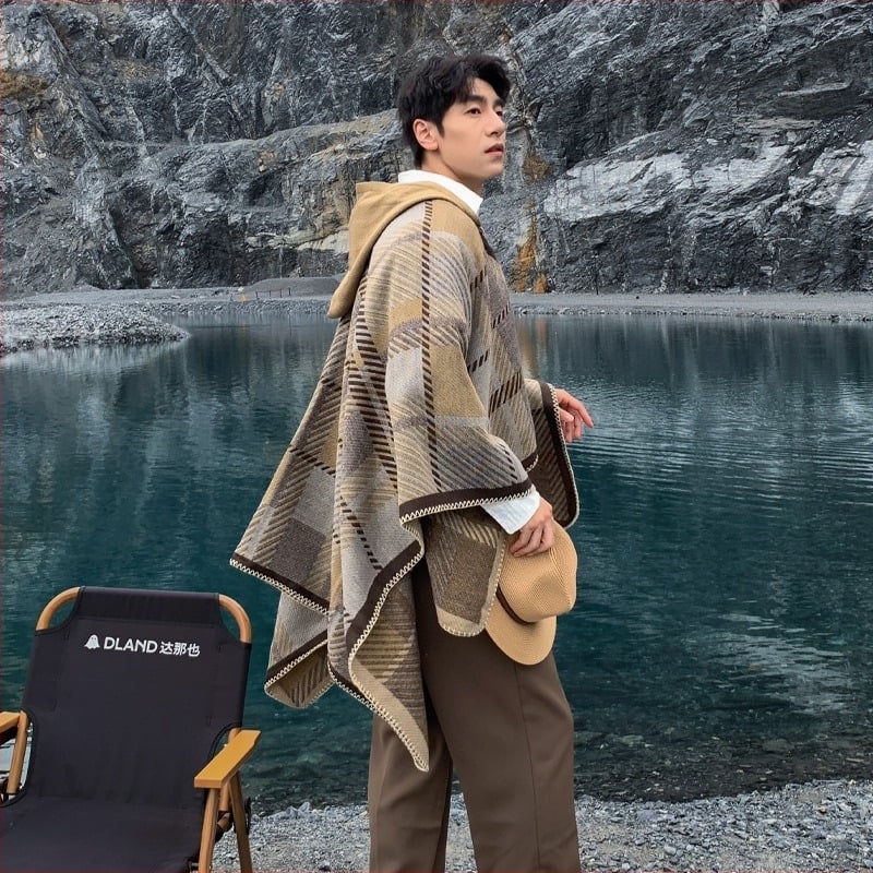 Μανδύας με κουκούλα σε καρό, από συνθετικό κασμίρι, Jacquard ύφανση, διατηρεί τη ζεστασιά