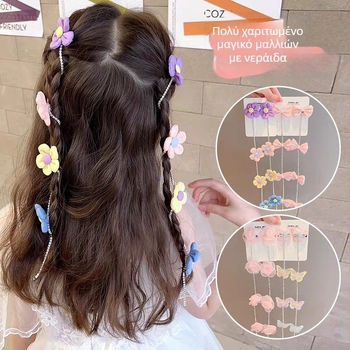 Παιδικό αξεσουάρ μαλλιών με περλίδες σε πλεγμένη αλυσίδα, φιόγκο και κρόσια λουλουδιών (Υλικό: μείγμα υλικών; Στυλ: γλυκό, για παιδιά; Διαδικασία: χειροποίητο)